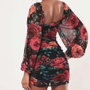 Missguided Dress Floral Ruched Cup Long Sleeve Body Con Valentine's Day